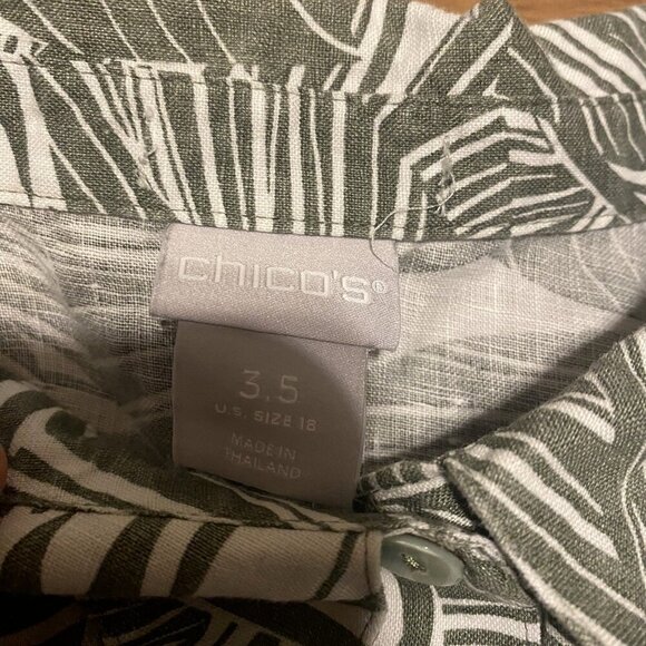 Chico's Button Down Shirt Blouse Sz 3. 5 - 18 Olive Green Floral Linen Vacation - Picture 2 of 5